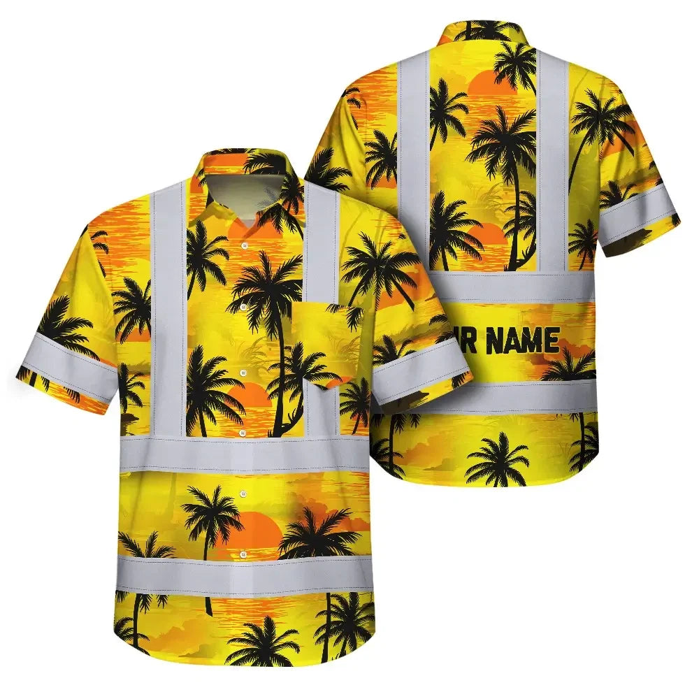 Hi Vis Hawaiian Shirt Reflective Tapes Yellow Neon Flowers Custom Name