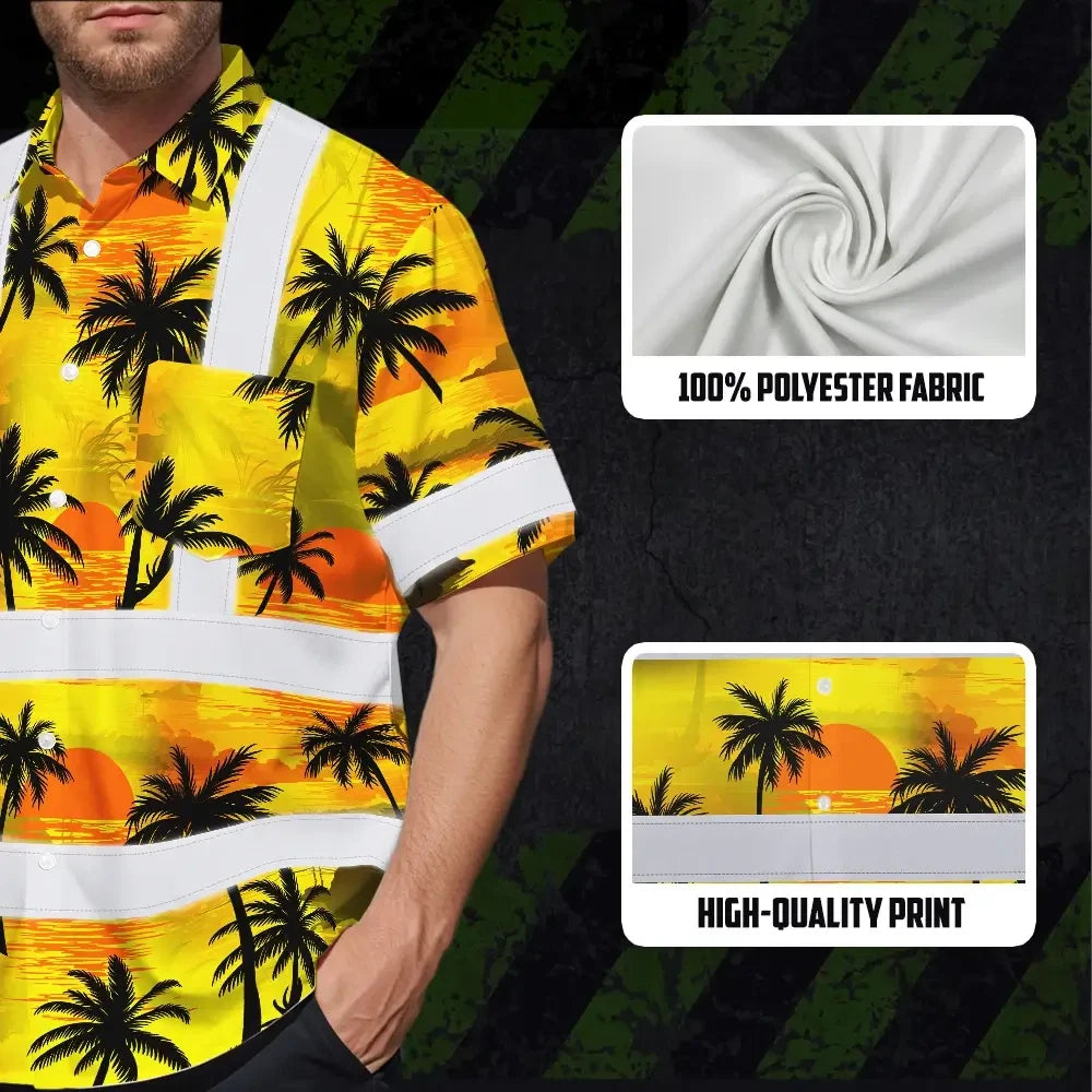 Hi Vis Hawaiian Shirt Reflective Tapes Yellow Neon Flowers Custom Name