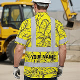 Hi Vis Hawaiian Shirt Reflective Tapes Yellow Neon Flowers Custom Name Safety Workwear For Workers, Truckers, Operators