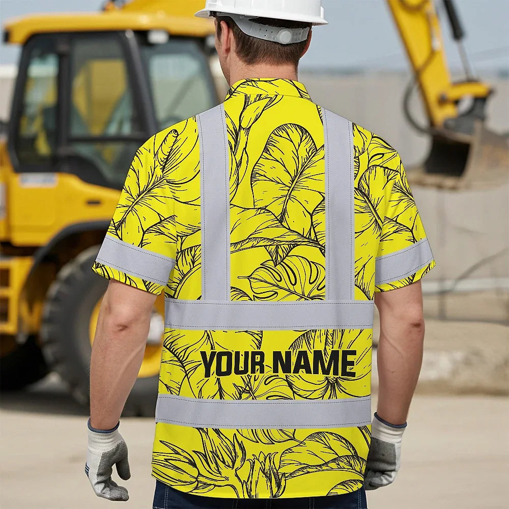 Hi Vis Hawaiian Shirt Reflective Tapes Yellow Neon Flowers Custom Name Safety Workwear For Workers, Truckers, Operators