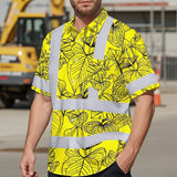 Hi Vis Hawaiian Shirt Reflective Tapes Yellow Neon Flowers Custom Name Safety Workwear For Workers, Truckers, Operators