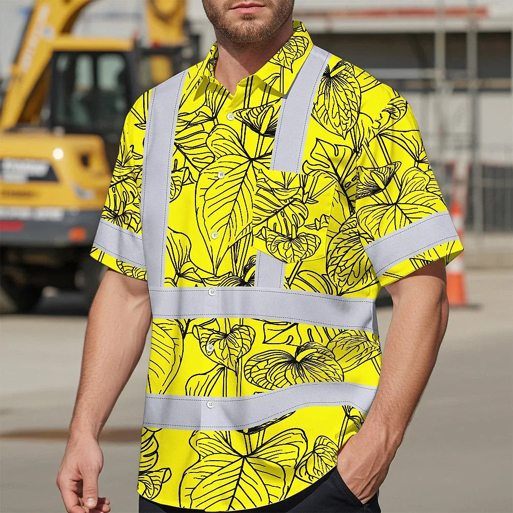 Hi Vis Hawaiian Shirt Reflective Tapes Yellow Neon Flowers Custom Name Safety Workwear For Workers, Truckers, Operators