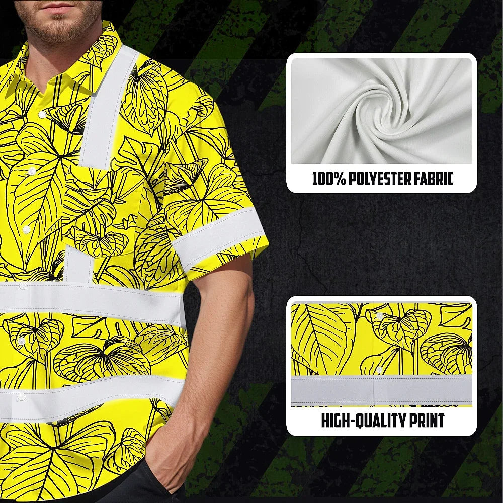 Hi Vis Hawaiian Shirt Reflective Tapes Yellow Neon Flowers Custom Name Safety Workwear For Workers, Truckers, Operators