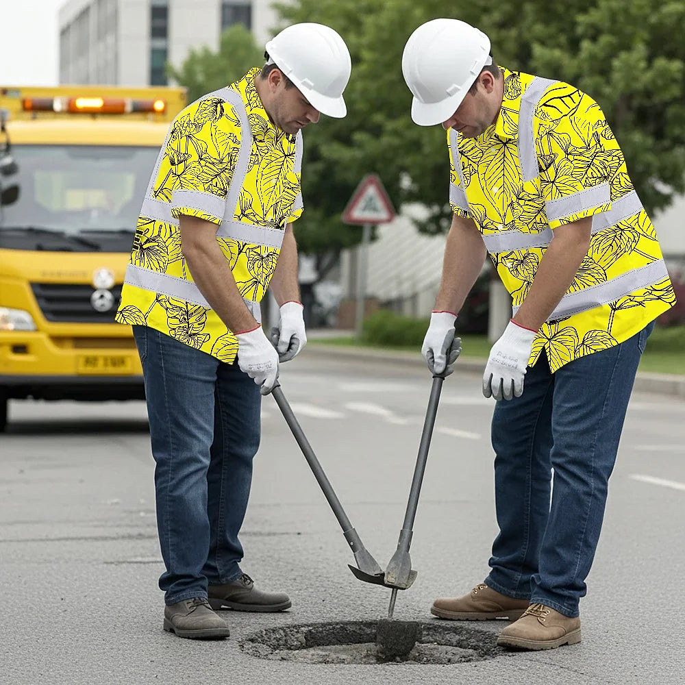 Hi Vis Hawaiian Shirt Reflective Tapes Yellow Neon Flowers Custom Name Safety Workwear For Workers, Truckers, Operators