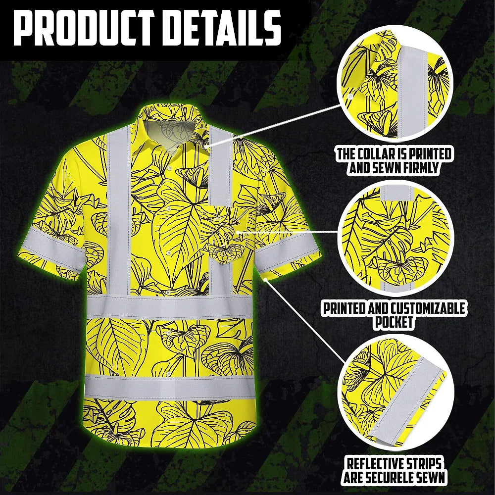 Hi Vis Hawaiian Shirt Reflective Tapes Yellow Neon Flowers Custom Name Safety Workwear For Workers, Truckers, Operators