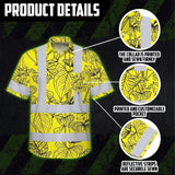 Hi Vis Hawaiian Shirt Reflective Tapes Yellow Neon Flowers Custom Name Safety Workwear For Workers, Truckers, Operators
