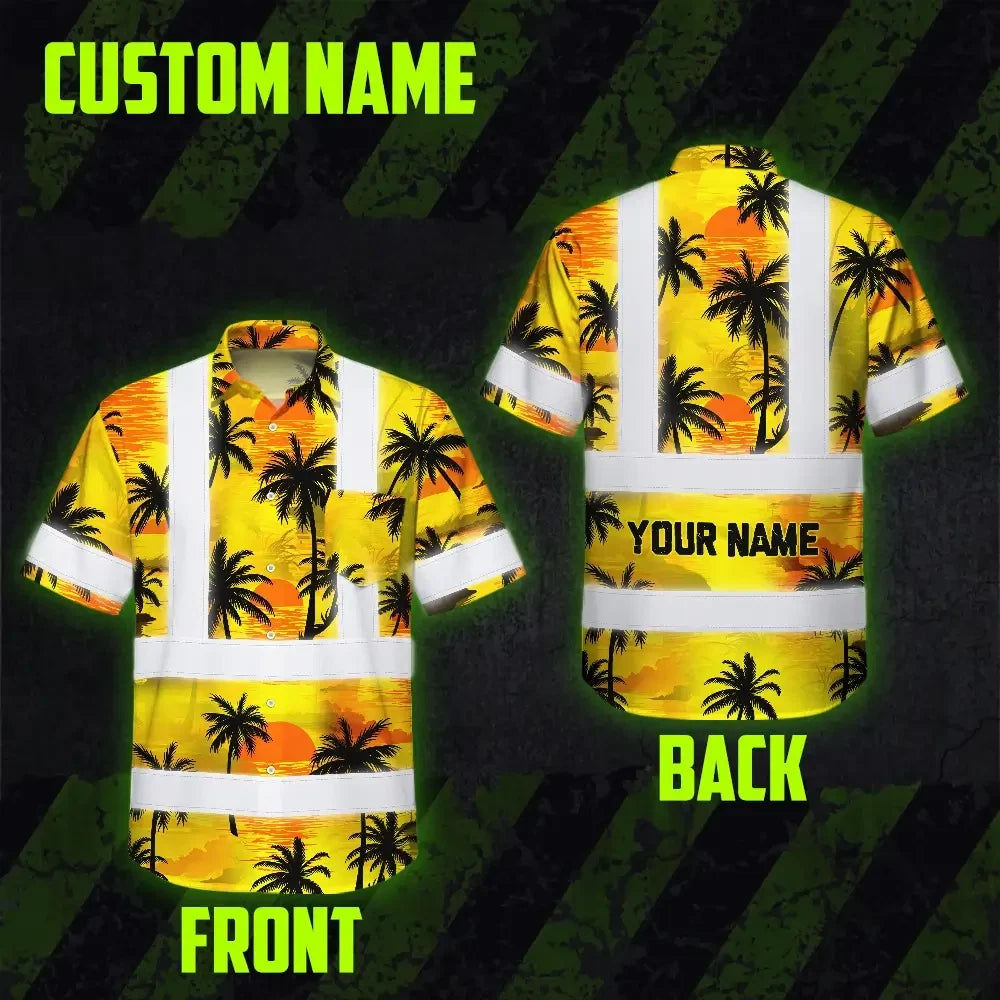 Hi Vis Hawaiian Shirt Reflective Tapes Yellow Neon Flowers Custom Name