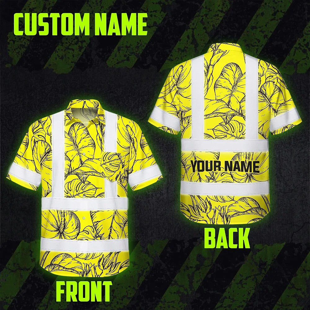 Hi Vis Hawaiian Shirt Reflective Tapes Yellow Neon Flowers Custom Name Safety Workwear For Workers, Truckers, Operators