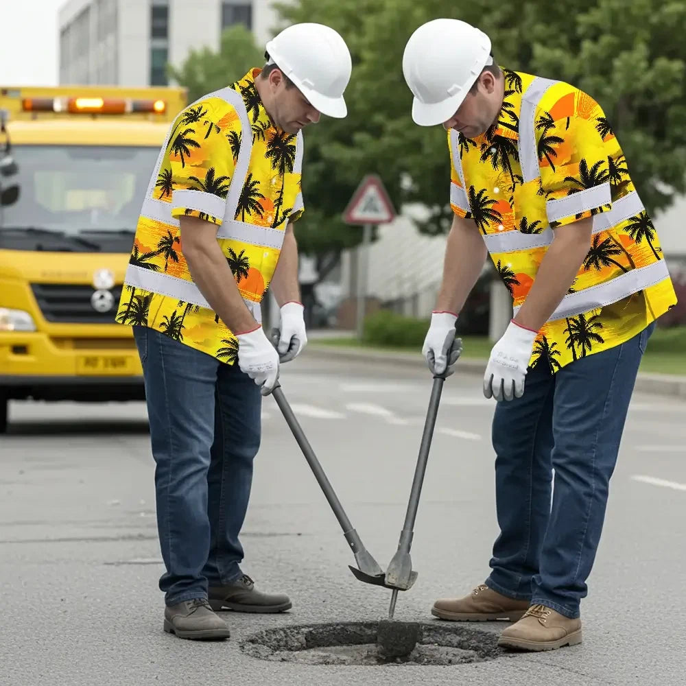 Hi Vis Hawaiian Shirt Reflective Tapes Yellow Neon Flowers Custom Name