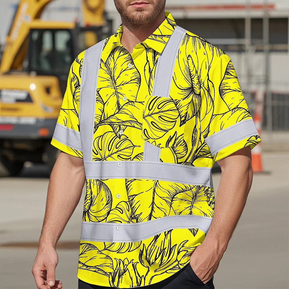 Hi Vis Hawaiian Shirt Reflective Tapes Yellow Neon Flowers Custom Name Safety Workwear For Workers, Truckers, Operators