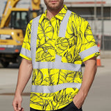 Hi Vis Hawaiian Shirt Reflective Tapes Yellow Neon Flowers Custom Name Safety Workwear For Workers, Truckers, Operators