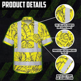 Hi Vis Hawaiian Shirt Reflective Tapes Yellow Neon Flowers Custom Name Safety Workwear For Workers, Truckers, Operators