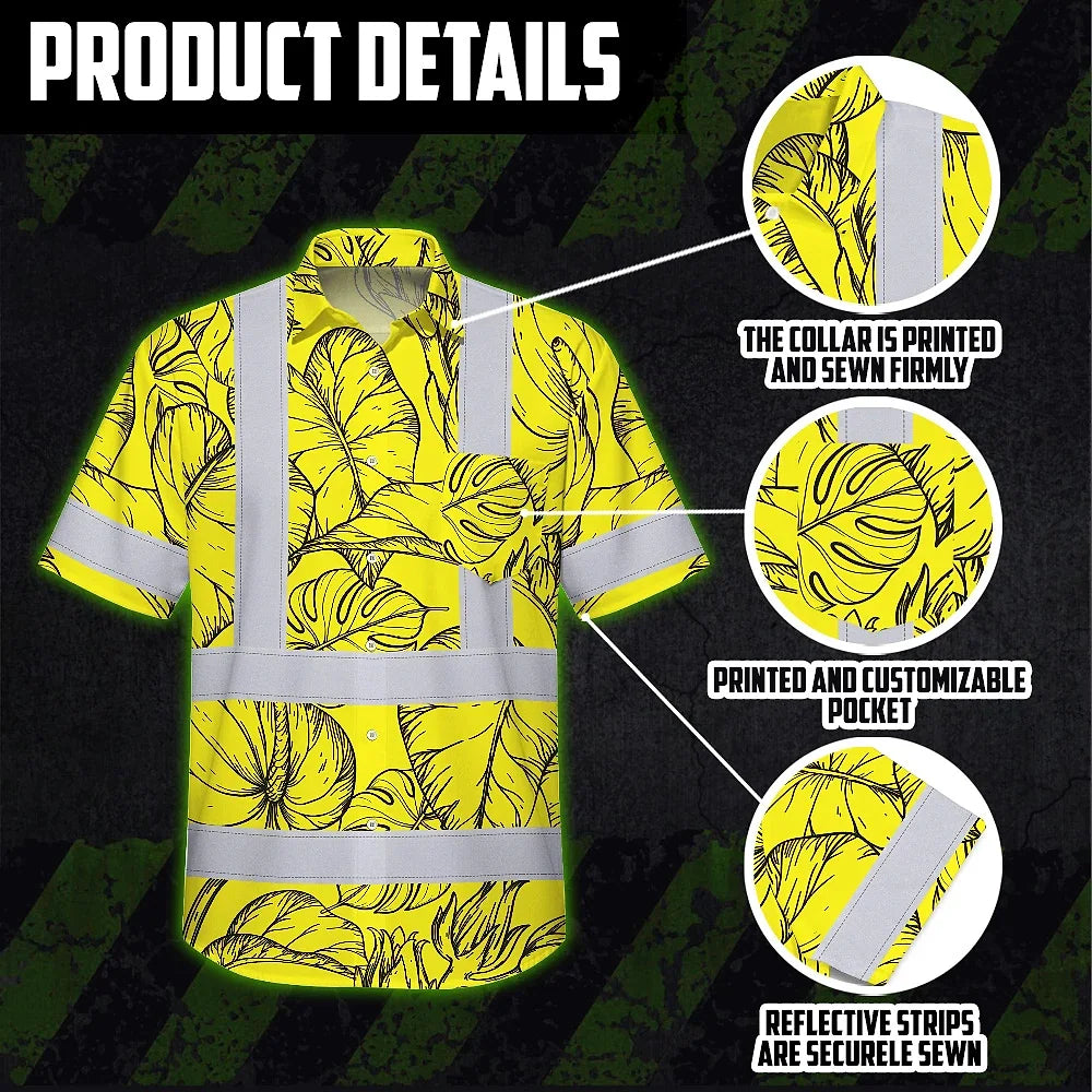 Hi Vis Hawaiian Shirt Reflective Tapes Yellow Neon Flowers Custom Name Safety Workwear For Workers, Truckers, Operators