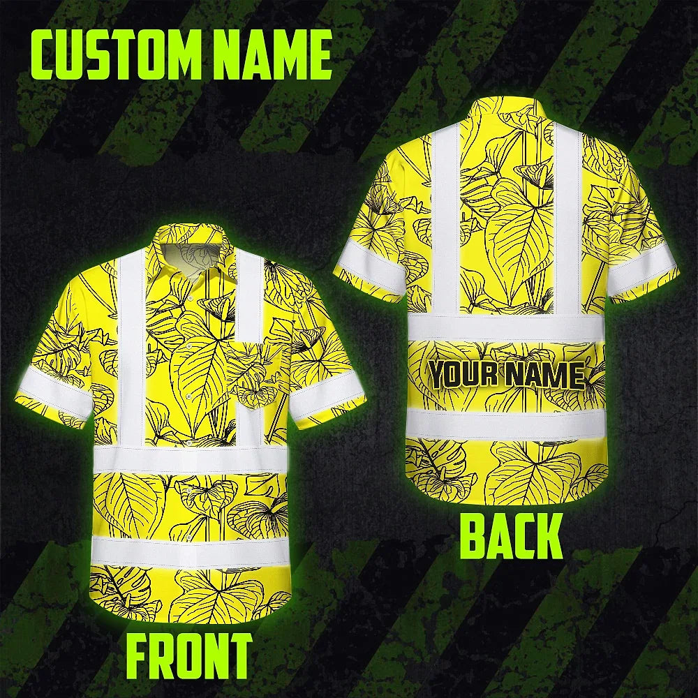 Hi Vis Hawaiian Shirt Reflective Tapes Yellow Neon Flowers Custom Name Safety Workwear For Workers, Truckers, Operators