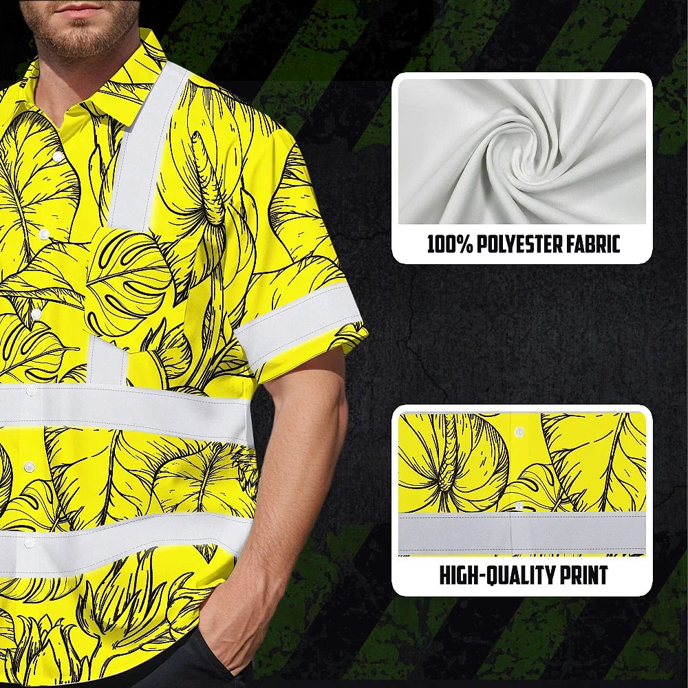 Hi Vis Hawaiian Shirt Reflective Tapes Yellow Neon Flowers Custom Name Safety Workwear For Workers, Truckers, Operators