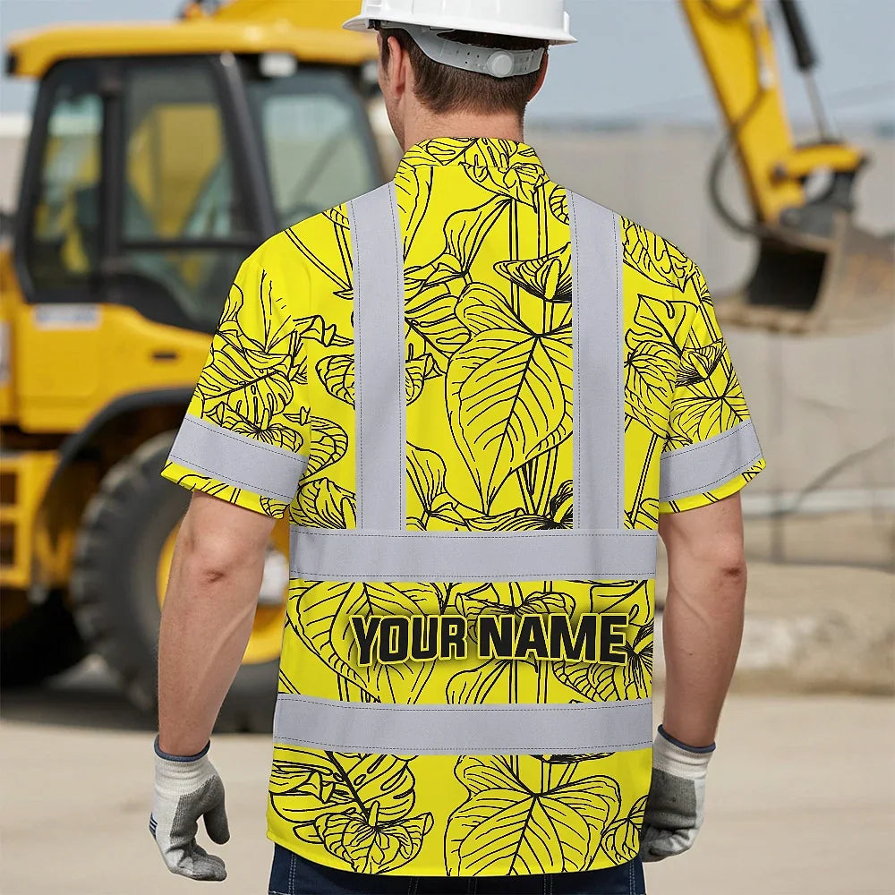 Hi Vis Hawaiian Shirt Reflective Tapes Yellow Neon Flowers Custom Name Safety Workwear For Workers, Truckers, Operators