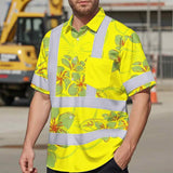 Hi Vis Hawaiian Shirt Reflective Tapes Yellow Neon Grey Plumeria Custom Name Safety Workwear For Workers, Truckers, Operators