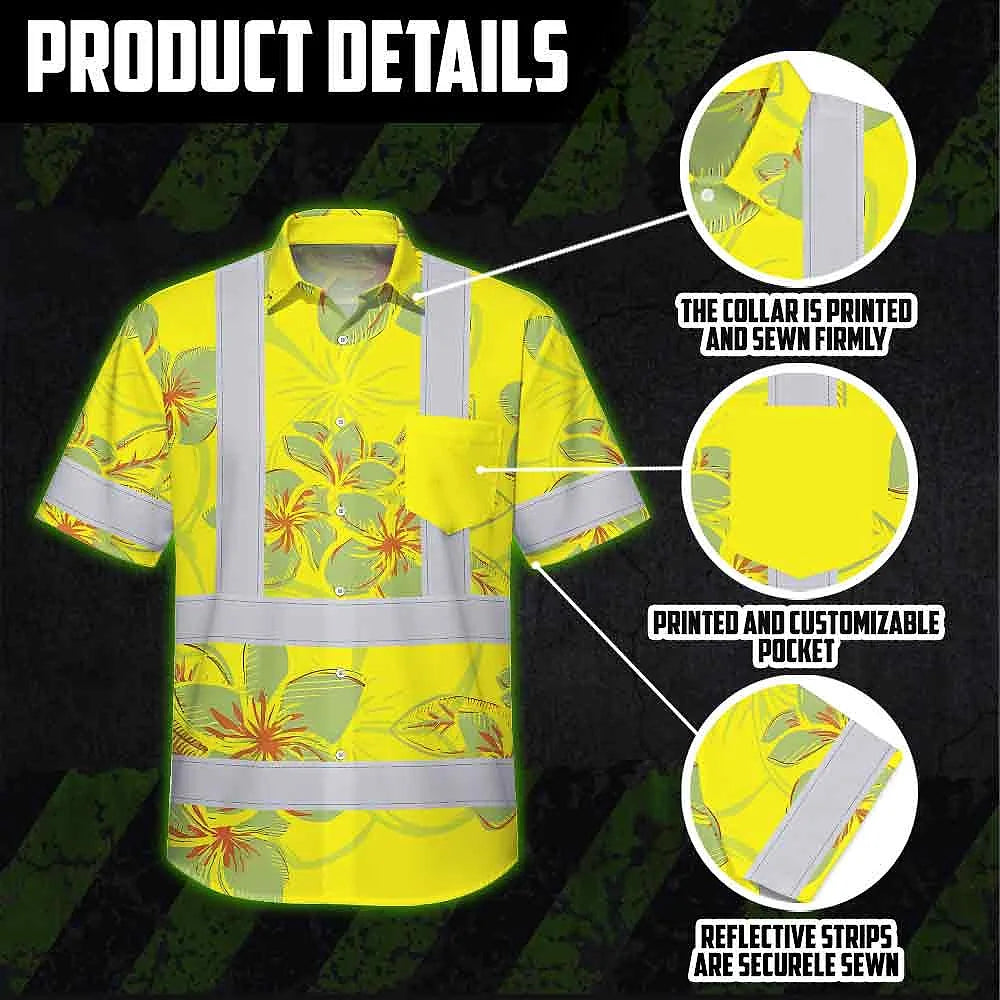 Hi Vis Hawaiian Shirt Reflective Tapes Yellow Neon Grey Plumeria Custom Name Safety Workwear For Workers, Truckers, Operators