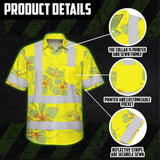 Hi Vis Hawaiian Shirt Reflective Tapes Yellow Neon Grey Plumeria Custom Name Safety Workwear For Workers, Truckers, Operators