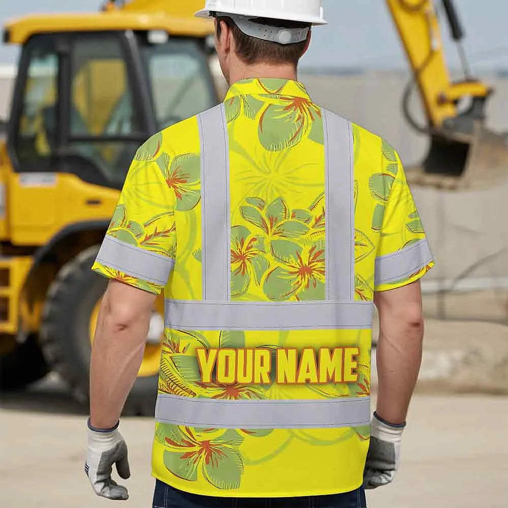 Hi Vis Hawaiian Shirt Reflective Tapes Yellow Neon Grey Plumeria Custom Name Safety Workwear For Workers, Truckers, Operators