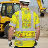 Hi Vis Hawaiian Shirt Reflective Tapes Yellow Neon Grey Plumeria Custom Name Safety Workwear For Workers, Truckers, Operators