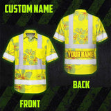 Hi Vis Hawaiian Shirt Reflective Tapes Yellow Neon Grey Plumeria Custom Name Safety Workwear For Workers, Truckers, Operators