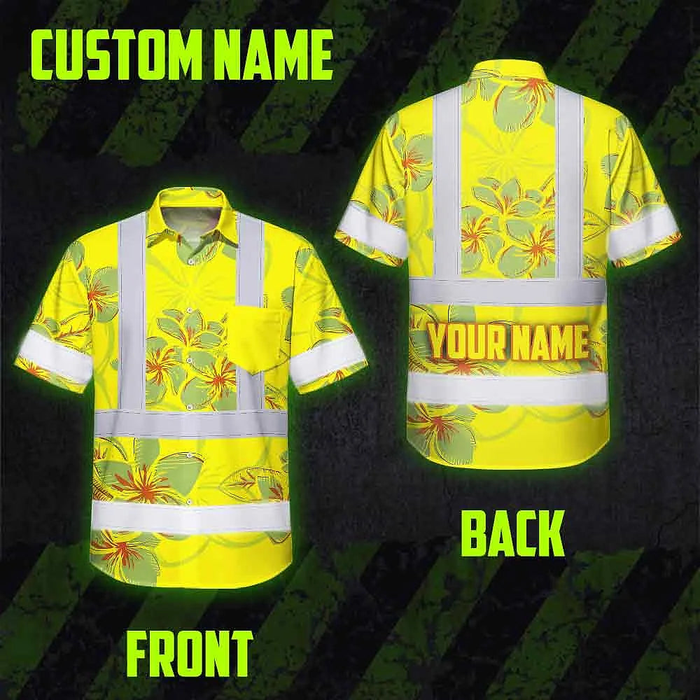 Hi Vis Hawaiian Shirt Reflective Tapes Yellow Neon Grey Plumeria Custom Name Safety Workwear For Workers, Truckers, Operators