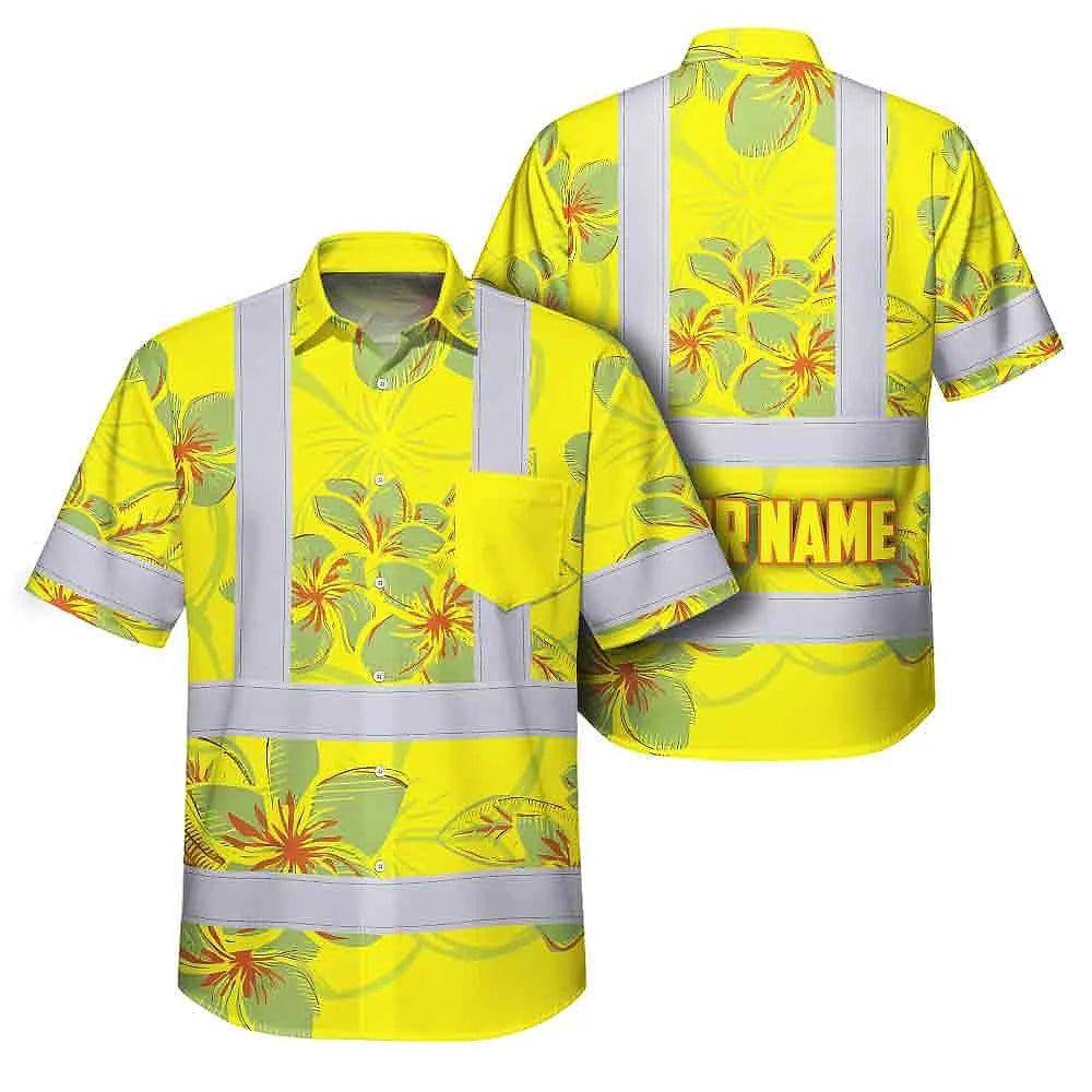 Hi Vis Hawaiian Shirt Reflective Tapes Yellow Neon Grey Plumeria Custom Name Safety Workwear For Workers, Truckers, Operators