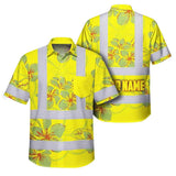 Hi Vis Hawaiian Shirt Reflective Tapes Yellow Neon Grey Plumeria Custom Name Safety Workwear For Workers, Truckers, Operators