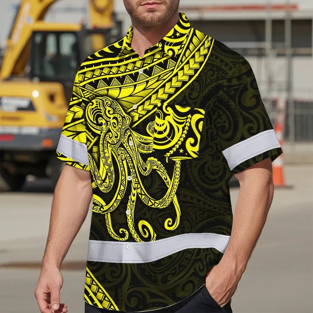 Hi Vis Hawaiian Shirt Reflective Tapes Yellow Neon Hawaii Octopus Custom