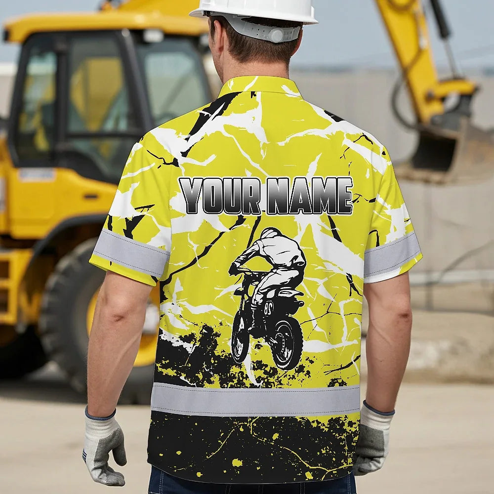 Hi Vis Hawaiian Shirt Reflective Tapes Yellow Neon Motobike Custom Name Safety Workwear For Bikers, Workers, Truckers, Operators