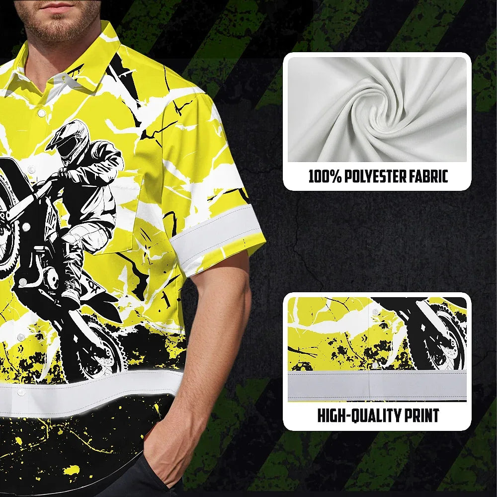 Hi Vis Hawaiian Shirt Reflective Tapes Yellow Neon Motobike Custom Name Safety Workwear For Bikers, Workers, Truckers, Operators