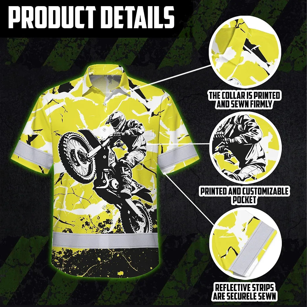 Hi Vis Hawaiian Shirt Reflective Tapes Yellow Neon Motobike Custom Name Safety Workwear For Bikers, Workers, Truckers, Operators
