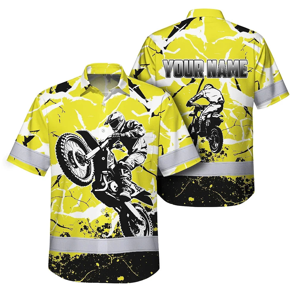 Hi Vis Hawaiian Shirt Reflective Tapes Yellow Neon Motobike Custom Name Safety Workwear For Bikers, Workers, Truckers, Operators