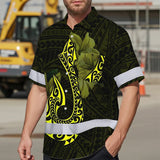 Hi Vis Hawaiian Shirt Reflective Tapes Yellow Neon Polynesian Anchor Custom Name Safety Workwear For Workers, Truckers, Operators