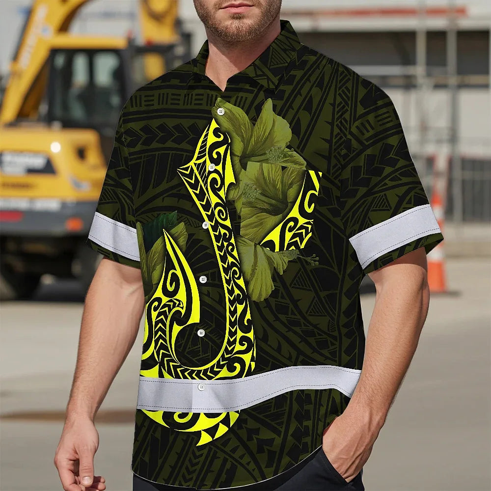 Hi Vis Hawaiian Shirt Reflective Tapes Yellow Neon Polynesian Anchor Custom Name Safety Workwear For Workers, Truckers, Operators