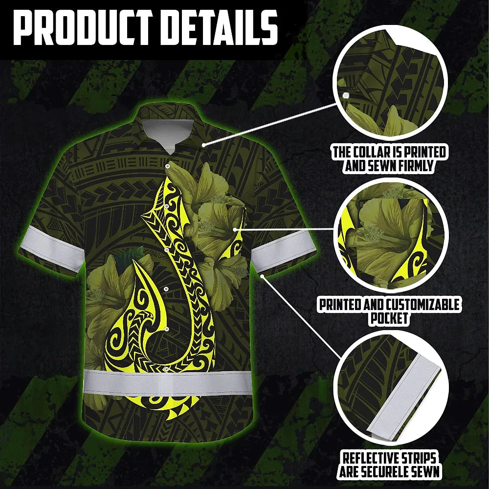 Hi Vis Hawaiian Shirt Reflective Tapes Yellow Neon Polynesian Anchor Custom Name Safety Workwear For Workers, Truckers, Operators