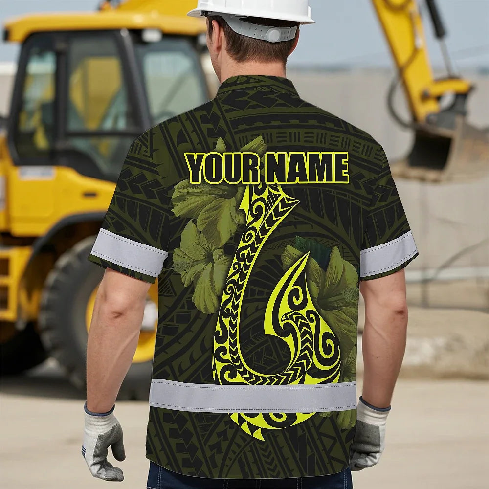 Hi Vis Hawaiian Shirt Reflective Tapes Yellow Neon Polynesian Anchor Custom Name Safety Workwear For Workers, Truckers, Operators