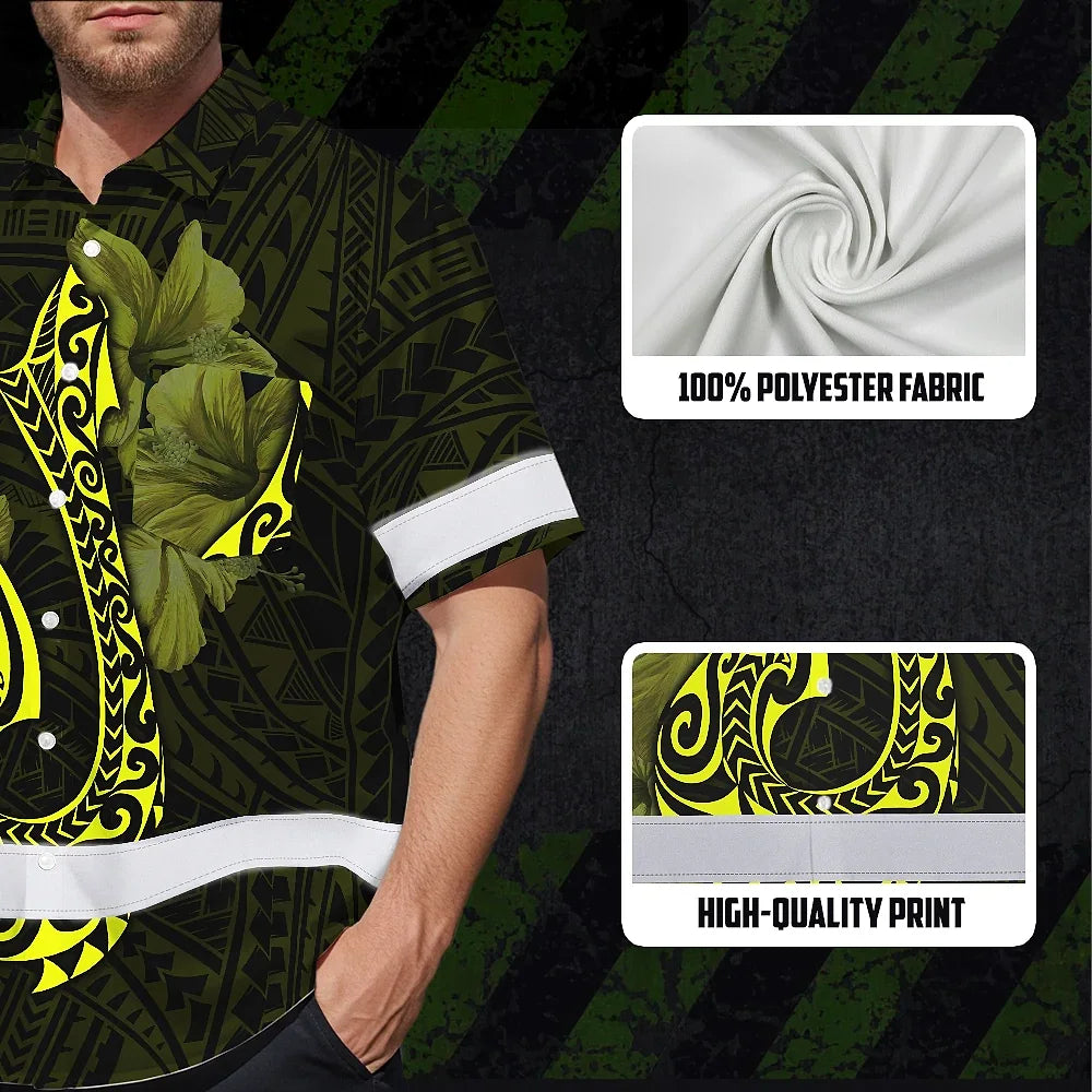 Hi Vis Hawaiian Shirt Reflective Tapes Yellow Neon Polynesian Anchor Custom Name Safety Workwear For Workers, Truckers, Operators