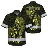 Hi Vis Hawaiian Shirt Reflective Tapes Yellow Neon Polynesian Anchor Custom Name Safety Workwear For Workers, Truckers, Operators