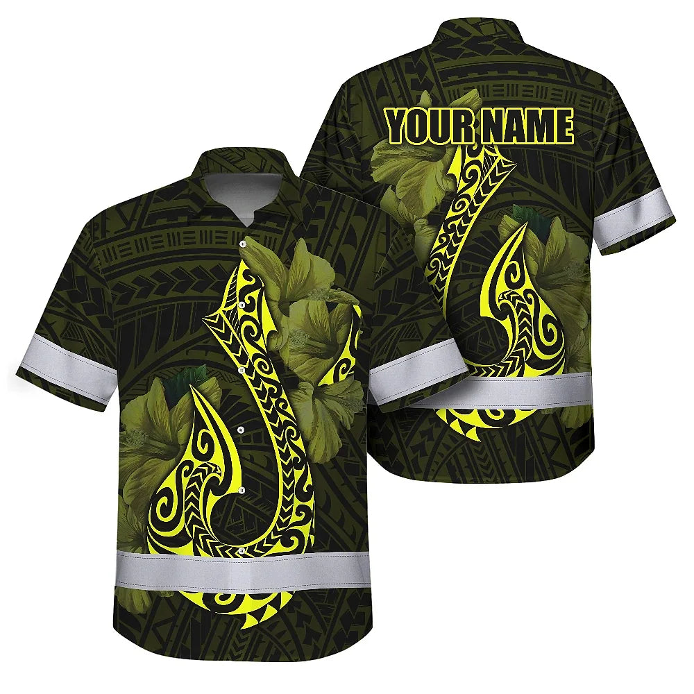 Hi Vis Hawaiian Shirt Reflective Tapes Yellow Neon Polynesian Anchor Custom Name Safety Workwear For Workers, Truckers, Operators