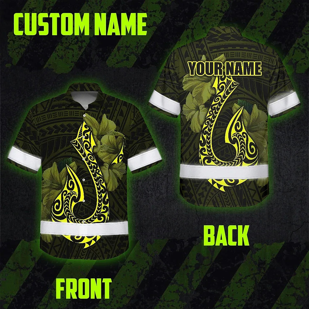 Hi Vis Hawaiian Shirt Reflective Tapes Yellow Neon Polynesian Anchor Custom Name Safety Workwear For Workers, Truckers, Operators