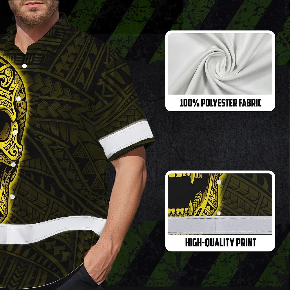 Hi Vis Hawaiian Shirt Reflective Tapes Yellow Neon Polynesian Half Skull Custom Name Safety Workwear For Workers, Truckers, Operators