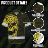 Hi Vis Hawaiian Shirt Reflective Tapes Yellow Neon Polynesian Half Skull Custom Name Safety Workwear For Workers, Truckers, Operators