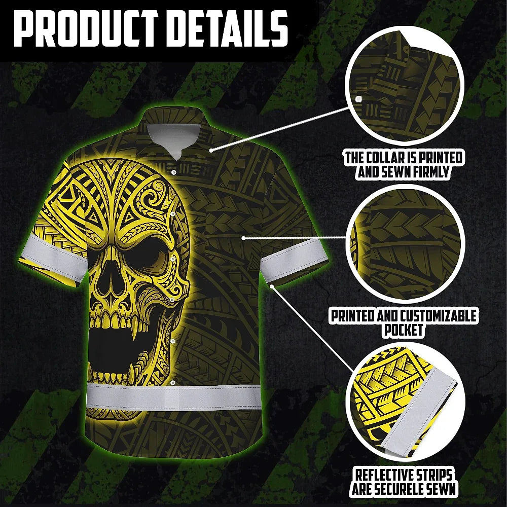 Hi Vis Hawaiian Shirt Reflective Tapes Yellow Neon Polynesian Half Skull Custom Name Safety Workwear For Workers, Truckers, Operators