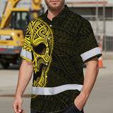 Hi Vis Hawaiian Shirt Reflective Tapes Yellow Neon Polynesian Half Skull Custom Name Safety Workwear For Workers, Truckers, Operators