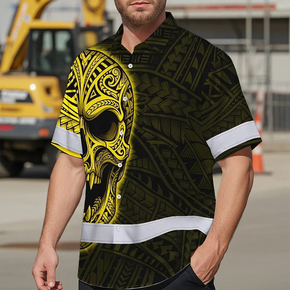 Hi Vis Hawaiian Shirt Reflective Tapes Yellow Neon Polynesian Half Skull Custom Name Safety Workwear For Workers, Truckers, Operators