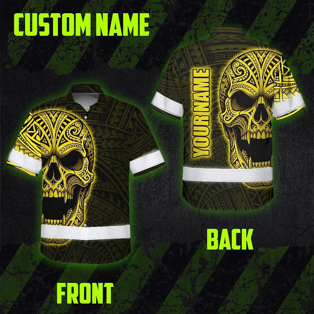 Hi Vis Hawaiian Shirt Reflective Tapes Yellow Neon Polynesian Half Skull Custom Name Safety Workwear For Workers, Truckers, Operators