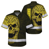 Hi Vis Hawaiian Shirt Reflective Tapes Yellow Neon Polynesian Half Skull Custom Name Safety Workwear For Workers, Truckers, Operators