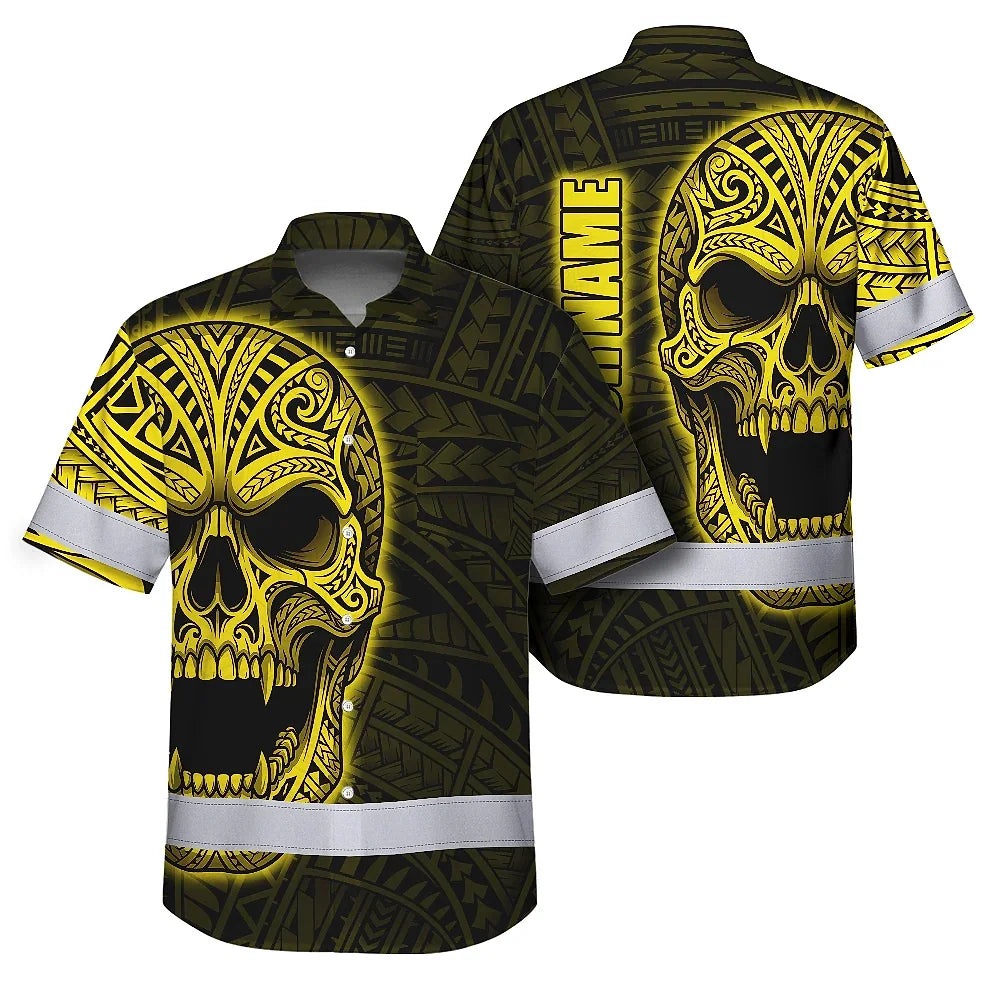 Hi Vis Hawaiian Shirt Reflective Tapes Yellow Neon Polynesian Half Skull Custom Name Safety Workwear For Workers, Truckers, Operators